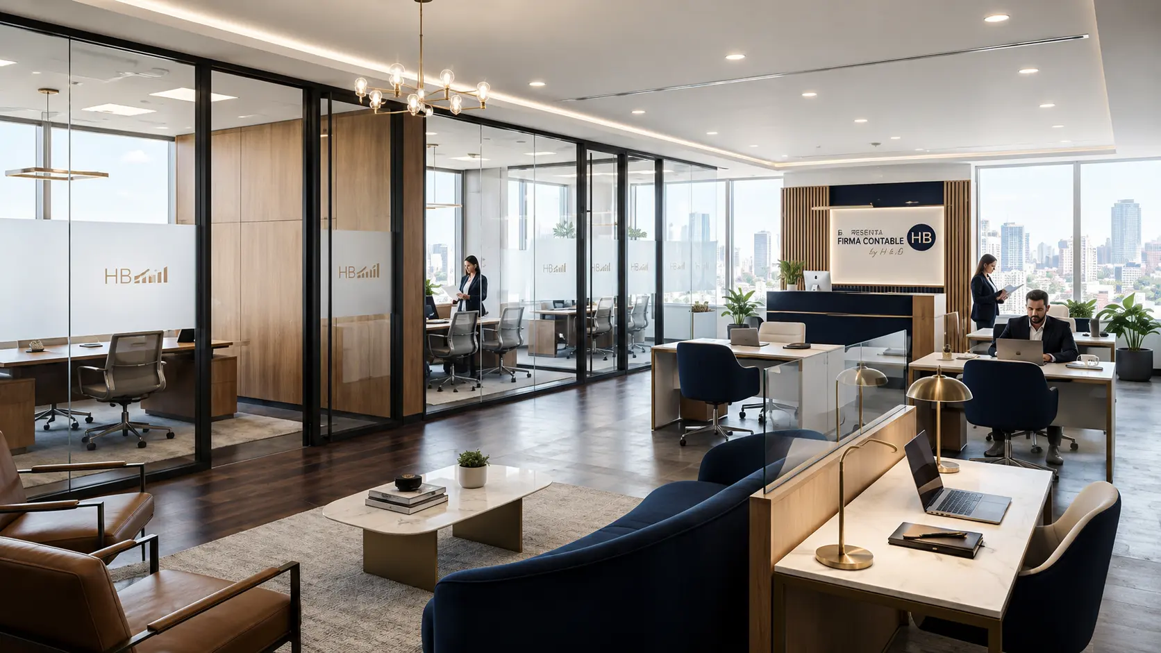 Oficina corporativa de Presentar By H&B SAS con espacios de trabajo y ciudad al fondo